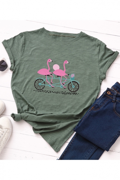 Cartoon Flamingo Pattern Basic Round Neck Short Sleeve Relaxed Summer T-Shirt