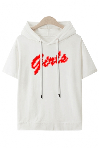 Cool Simple Letter Girls Printed Short Sleeve Hooded Casual Tee