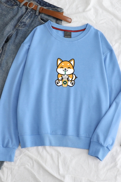 Cute Cartoon Dog Pattern Round Neck Long Sleeve Leisure Pullover Sweatshirt
