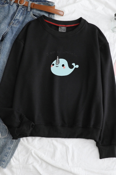 Cute Cartoon Narwhal Letter I Am A Narwhal Printed  Long Sleeve Round Neck Loose Sweatshirt