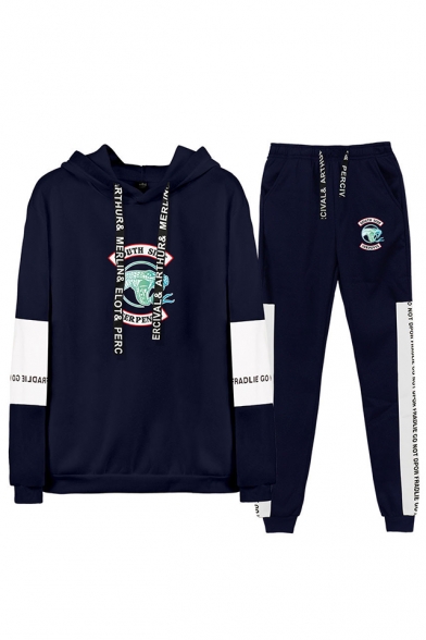 Fashion Snake Logo Print Colorblock Long Sleeve Hoodie with Sweatpants Two-Piece Set