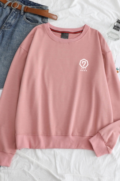 Geometry Number Print Long Sleeve Round Neck Pullover Leisure Sweatshirt