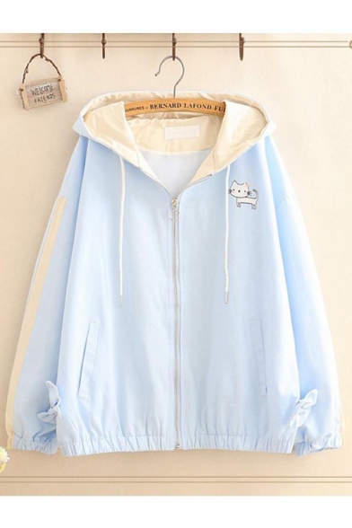 Girls Cute Cat Patter Casual Loose Leisure Hooded Long Sleeve Zip Up Jacket Coat With Pockets