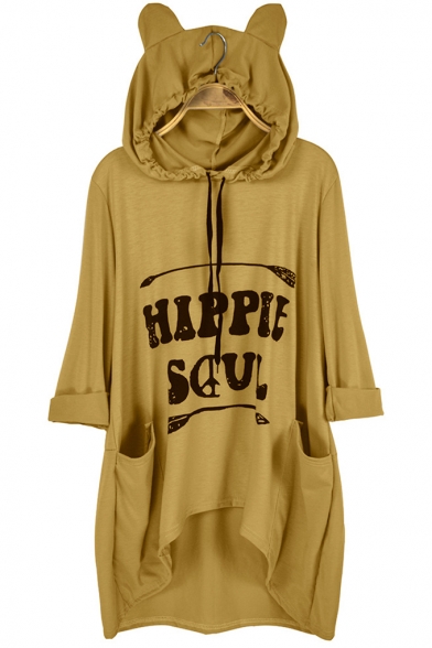 Hot Popular Long Sleeve HIPPIE SOUL Letter Printed Cat Ear Hooded Hoodie With Pocket
