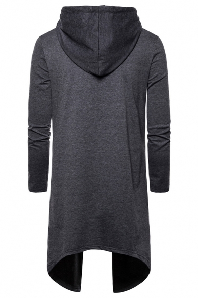 Men's Stylish Simple Solid Color Asymmetrical Hem Longline Relaxed Drawstring Hoodie
