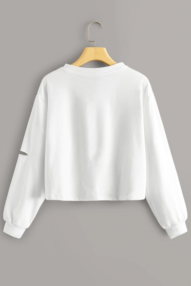 Simple Sun Pattern Round Neck Long Sleeve White Leisure Crop Sweatshirt