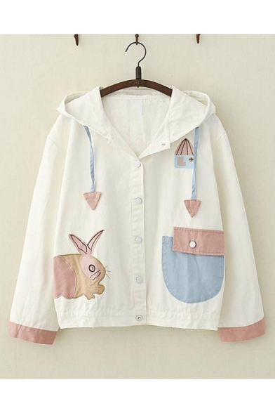Students Lovely Rabbit Pattern Buttons Down Patchwork Color Block Long Sleeve Hooded Casual Loose Jacket
