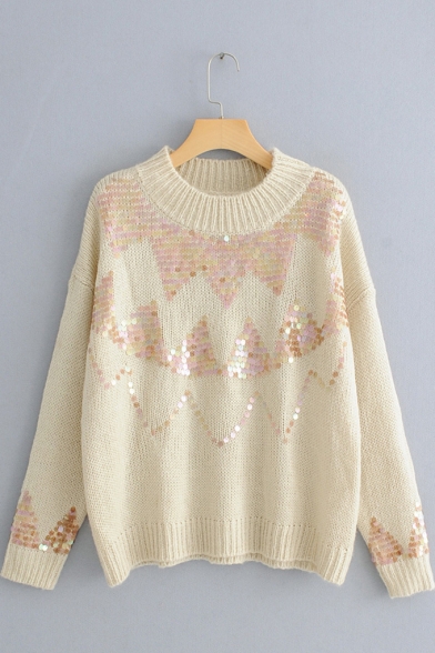Stylish Ladies Plain Sequined Round Neck Drop Sleeve Chenille Knitwear Sweater