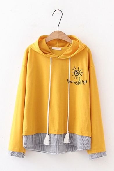 Sunshine Letter Printed Two-Piece Patchwork Striped Long Sleeve Hoodie