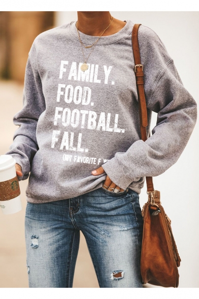 Trendy Street Letter FAMILY FOOD FOOTBALL FALL Printed Basic Crew Neck Long Sleeve Pullover Sweatshirt