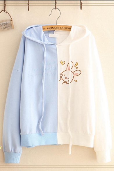 Cute Rabbit Letter Embroidered Color Block Long Sleeve Hoodie For Girls