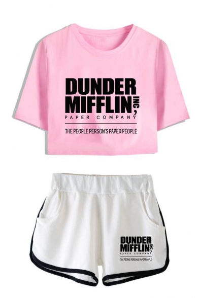 Fashion Letter Dunder Mifflin Printed Short Sleeve Crop Tee with Dolphin Shorts Two-Piece Set