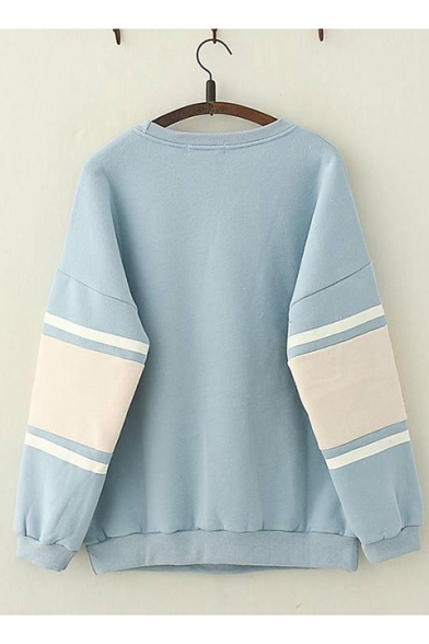 Girls Cartoon Bear Letter Embroidered Color Block Patchwork Long Sleeve Round Neck Sweatshirt