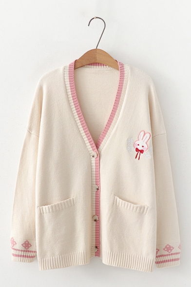Girls Simple Campus Style Rabbit Embroidered V Neck Long Sleeve Contrast Hem Button Open Front Cardigan