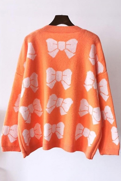 Ladies Cute Bow Print Round Neck Drop Sleeve Boxy Sweater