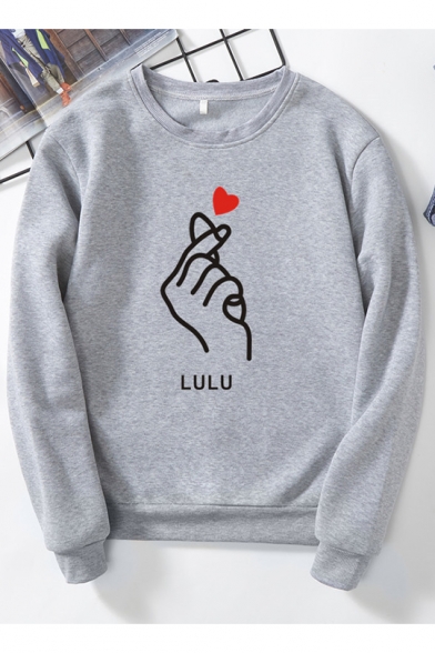 LULU Letter Heart Gesture Printed Crewneck Long Sleeve Pullover Sweatshirt
