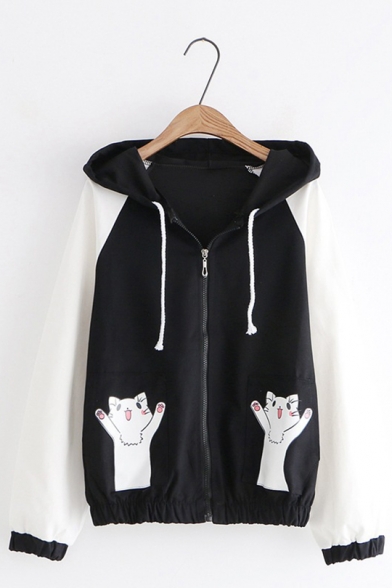 Students Cartoon Cat Pattern Long Sleeve Hooded Zip Up  Loose Jacket