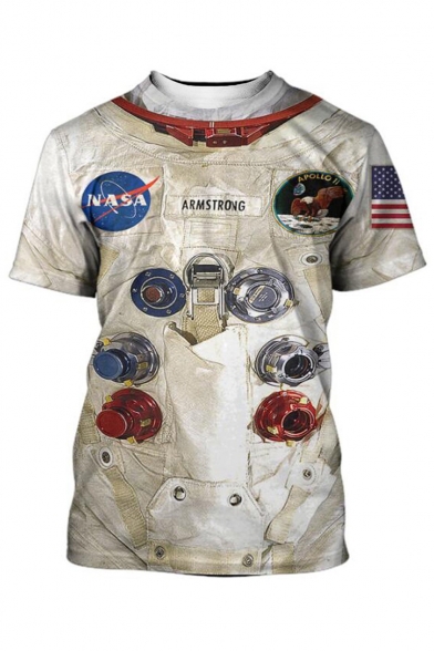 Summer Guys New Trendy Astronaut 3D Printed Basic Round Neck Short Sleeve T-Shirt