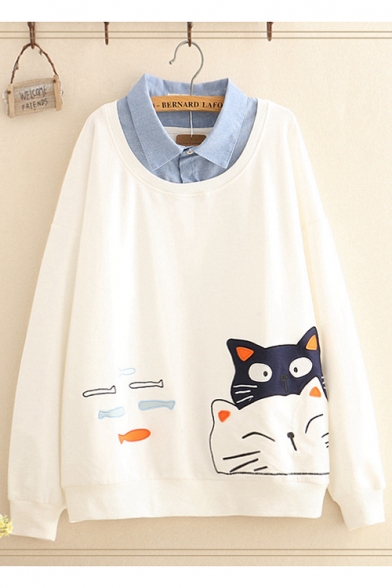 Sweet Girls Cute Cartoon Cat Fish Bone Printed Patched Lapel Collar Pullover Sweatshirt