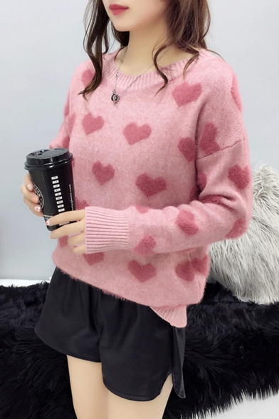 Trendy Casual Heart Print Patterns Round Neck Drop Sleeve Shaggy Sweater for Women