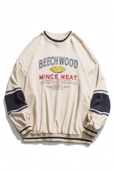 Trendy Letter BEECHWOOD Printed Colorblock Long Sleeve Round Neck Unisex Casual Pullover Sweatshirt