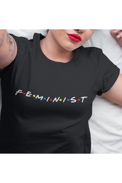 Women's Short Sleeve Round Neck Letter Feminism Polka Dot Printed Fitted T-shirt