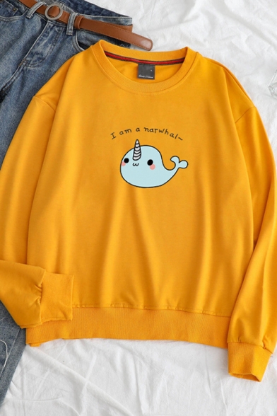 Cute Cartoon Narwhal Letter I Am A Narwhal Printed  Long Sleeve Round Neck Loose Sweatshirt