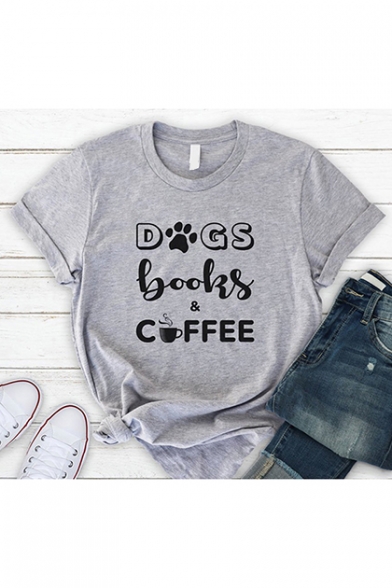 DOGS Books Coffee Funny Letter Pattern Round Neck Short Sleeve Casual Light Gray Tee