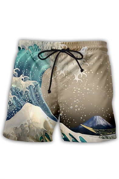 Fashion Ukiyo-e Style 3D Wave Pattern Drawstring Waist Beach Swim Shorts