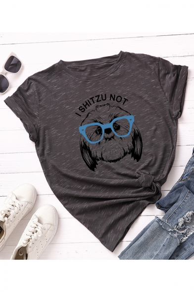 I SHITZU NOT Letter Cute Dog Printed Short Sleeve Casual Loose Summer T-Shirt