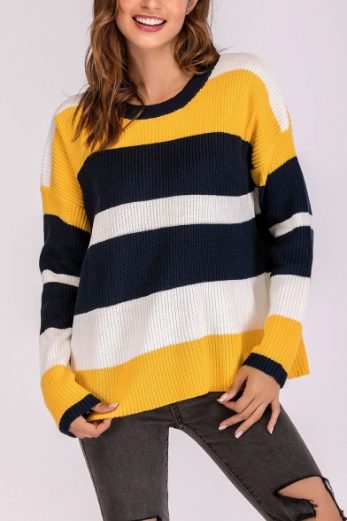 Ladies Trendy Casual Off-Duty Colorblock Print Round Neck Long Sleeve Chenille Sweater