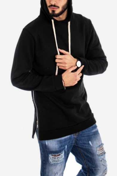 Men's New Trendy Simple Plain Long Sleeve Zipper Side Casual Sport Pullover Drawstring  Hoodie