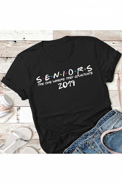 SENIORS Letter Printed Round Neck Short Sleeve Casual Loose Summer T-Shirt