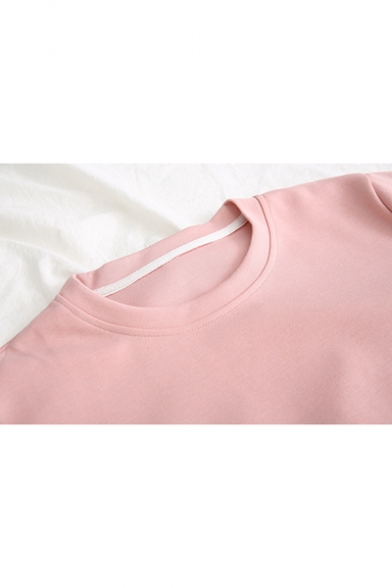 Simple Flower Embroidered Round Neck Long Sleeves Loose Pullover Sweatshirt