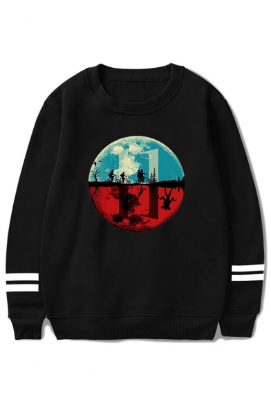 

Eleven Figure Print Round Neck Stripe Long Sleeve Pullover Sweatshirt, LC559038, Black;dark navy;pink;red;white;gray