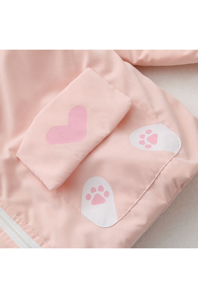 Students Preppy Style Cat Pattern Patchwork Color Block Striped Long Sleeve Zip Up Ear Hooded Jacket