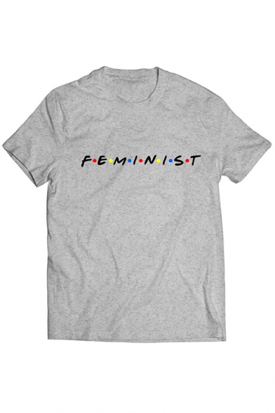 Women's Short Sleeve Round Neck Letter Feminism Polka Dot Printed Fitted T-shirt
