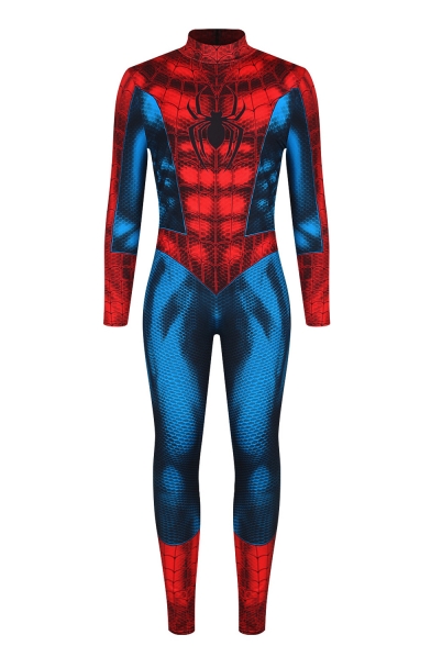 Cool 3D Blue and Red Spider Printed Long Sleeve High Neck Slim Fitted Cosplay Costume Jumpsuits