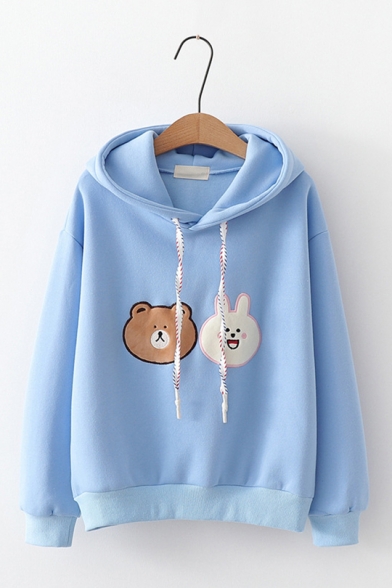 Cute Cartoon Bear And Rabbit Embroidered Long Sleeve Casual Hoodie for Juniors