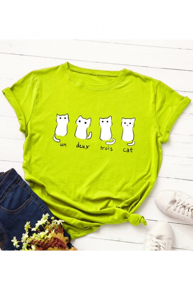 Cute Cat Pattern Basic Round Neck Short Sleeve T-Shirt