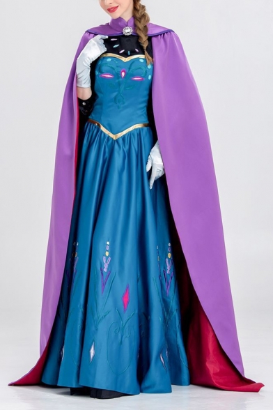 Fancy Blue Princess Anna Comic Cosplay Costume Maxi Swing Cape Dress Gown Dress