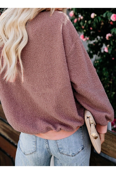 Fashionable Plain Faux Fur Round Neck Long Sleeve pullover Sweatshirt