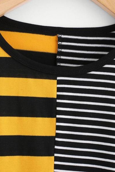 Fashionable Striped Pattern Round Neck Short Sleeves Summer T-shirt