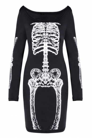 Halloween Skull Cat Printed Sexy Round Neck Long Sleeve Black Bodycon Mini Dress