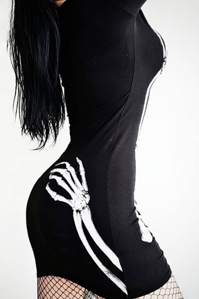 Hot Popular Gothic Style Black Hand Bone Printed Round Neck Long Sleeve Slim Mini Dress