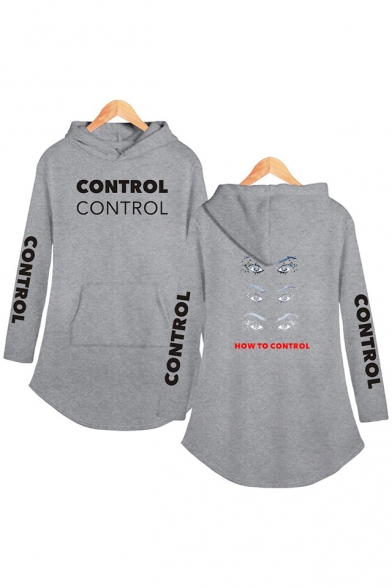 HOW TO CONTROL Letter Eyes Printed Long Sleeve Hooded Dress