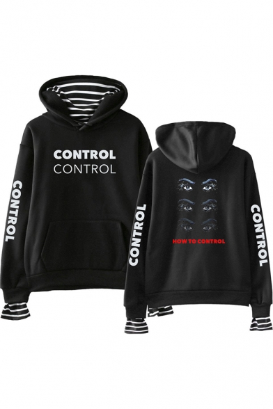 HOW TO CONTROL Letter Eyes Printed Long Sleeve Striped Fake Two Piece Hoodie