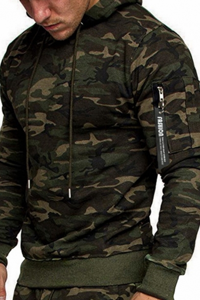 Men's Classic Camouflage Print Long Sleeve Slim Fitted Casual Pullover Drawstring Hoodie