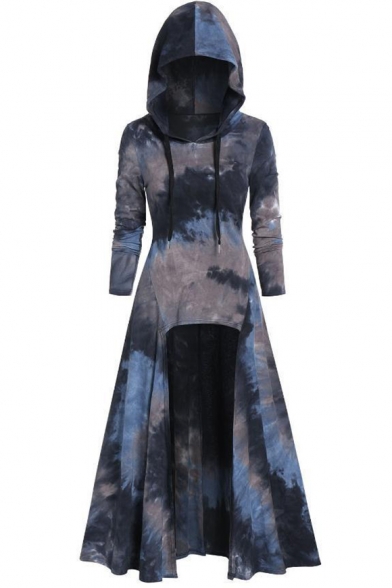 New Stylish Tie-Dyed Long Sleeve High Low Hem  Loose Fit Hooded Midi Dress