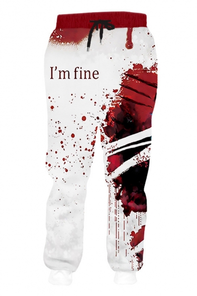 Popular Fashion Letter I'M FINE Blood Stain Print Drawstring Waist Red and White Polyester Jogger Sweatpants